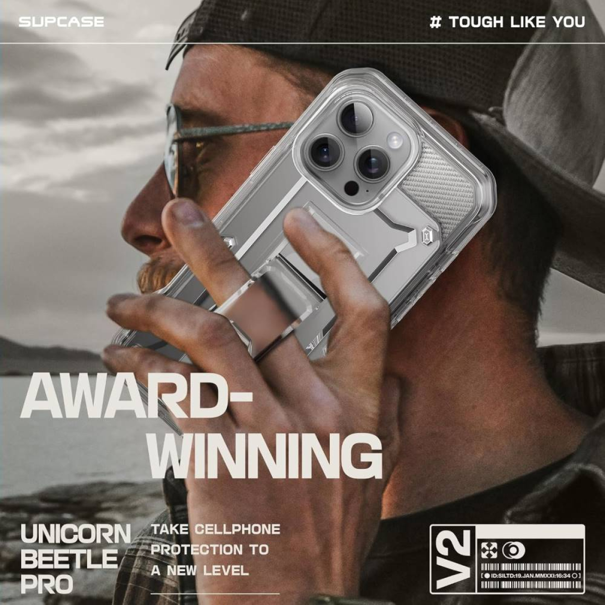 Telefon in einer durchsichtigen Hülle. Text lautet "AWARD-WINNING" und "UNICORN BEETLE PRO".