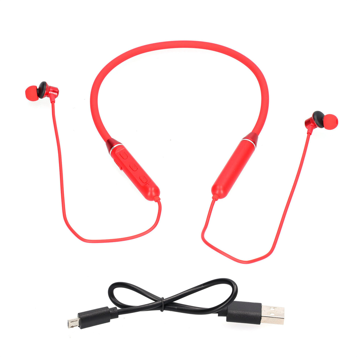 Rote Nackenband-Kopfhörer und ein schwarzes USB-Ladekabel auf weißem Hintergrund.