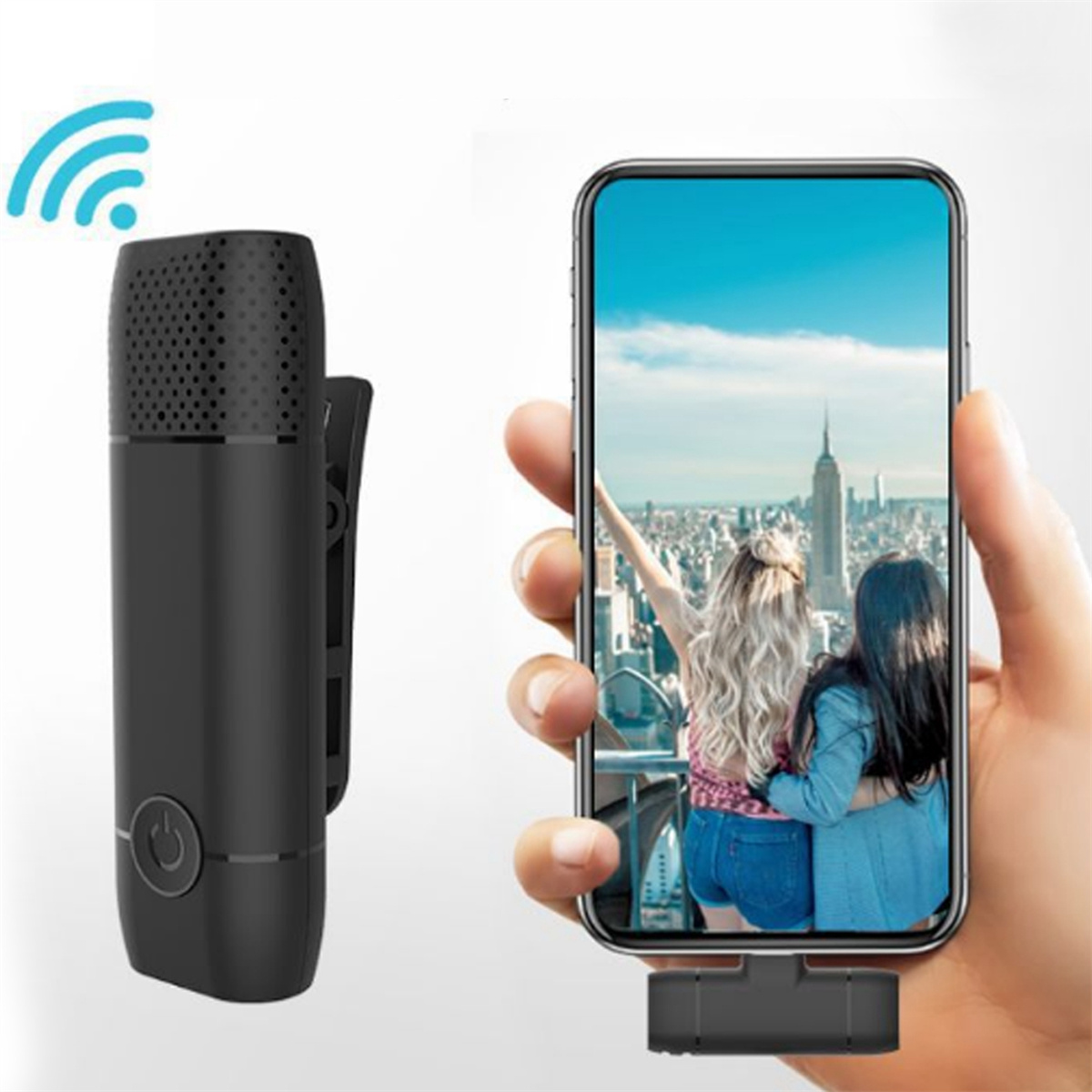 Ein schwarzes drahtloses Mikrofon mit Clip wird neben einem Telefon gezeigt, das zwei Frauen und eine Stadtansicht anzeigt.