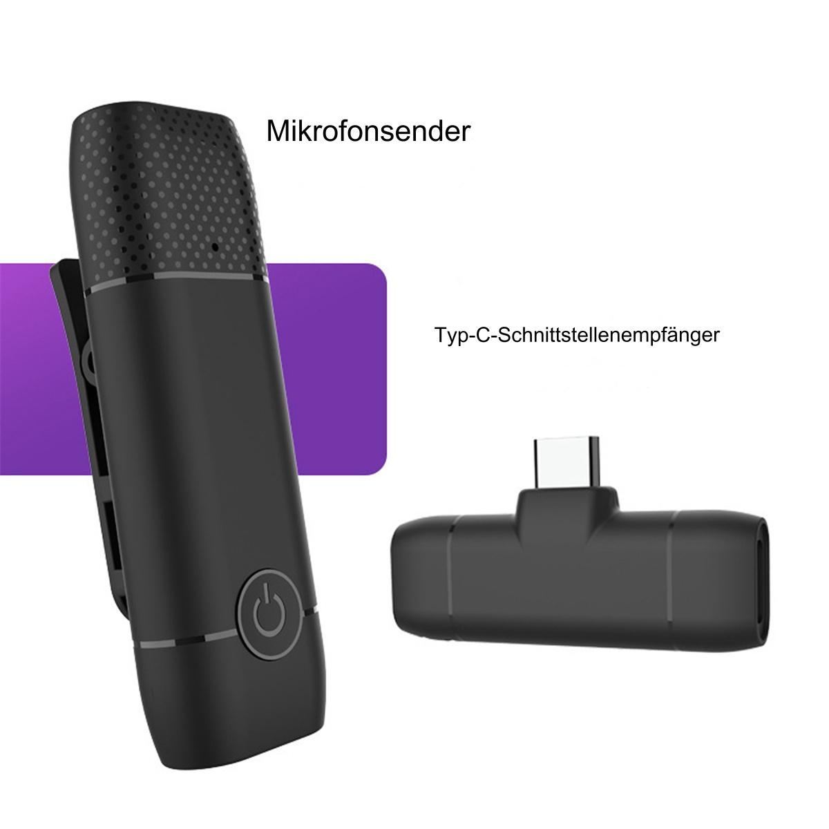Schwarzes Mikrofon und Empfänger. Das Mikrofon hat einen Clip. Der Empfänger hat einen USB-C-Anschluss.