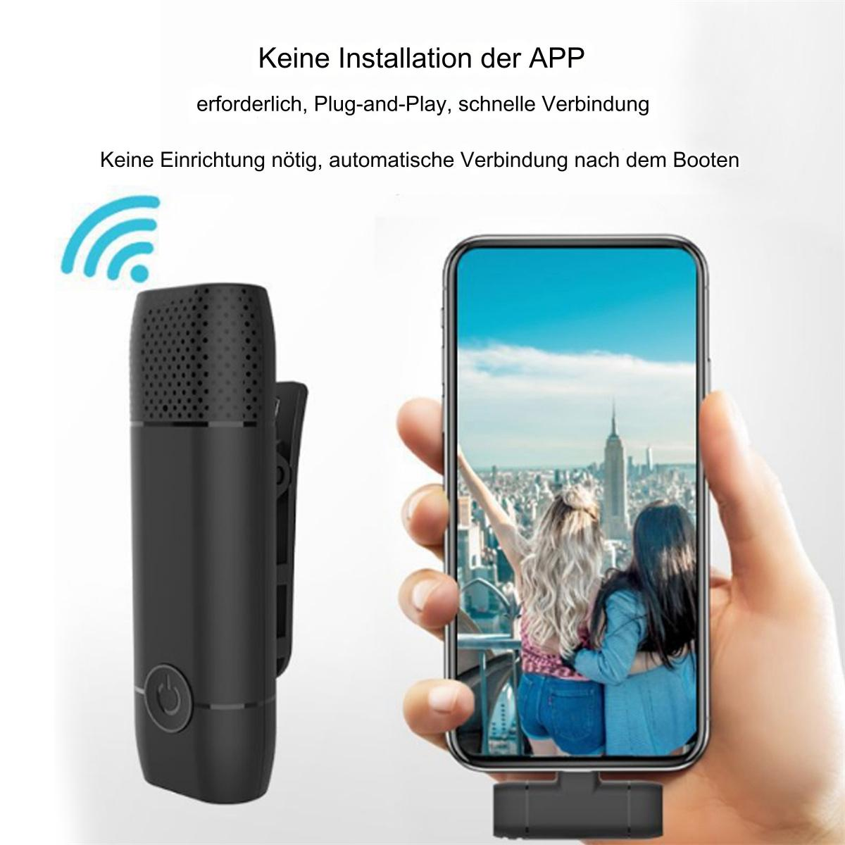 Ein drahtloses Mikrofon, das an einem Hemd befestigt ist, gepaart mit einem Telefon, das zwei Frauen zeigt.