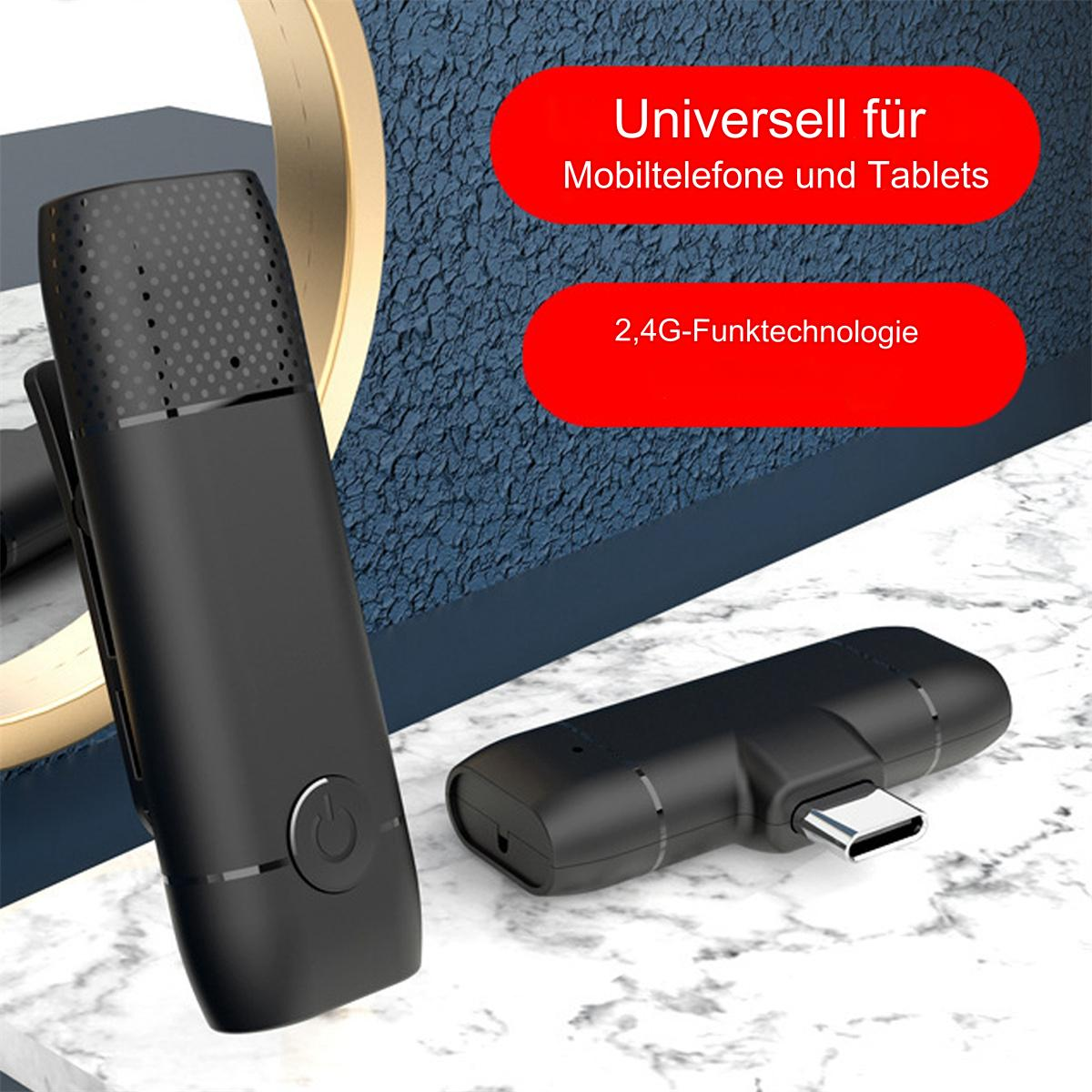Drahtloses Mikrofon und Empfänger. Text: Universal für Mobiltelefone und Tablets.