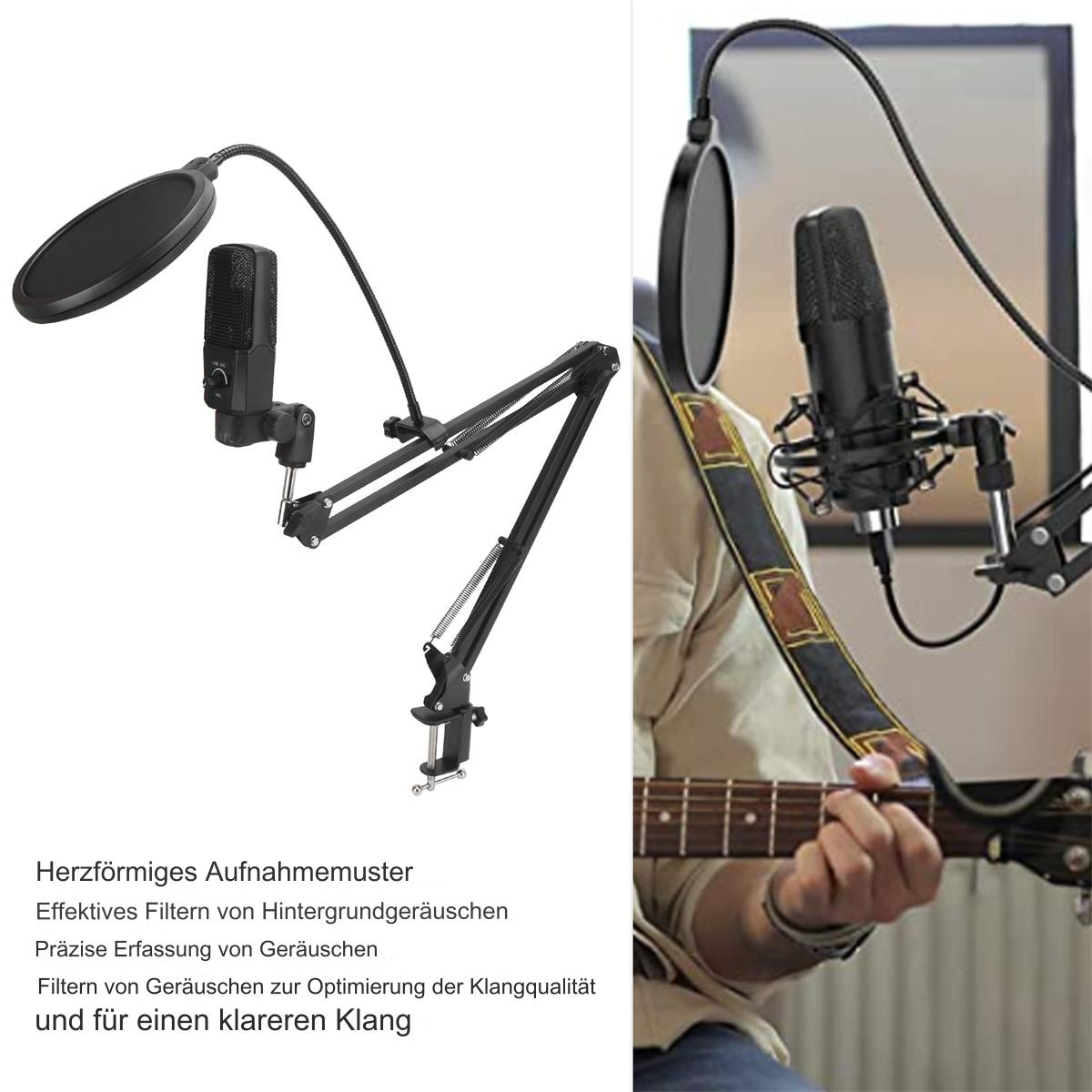 Ein Mikrofon mit Pop-Filter und eine Person, die im Hintergrund Gitarre spielt.