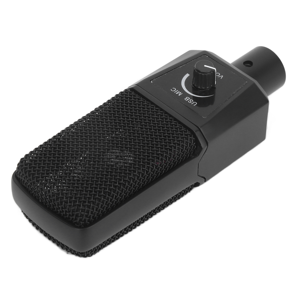 Schwarzes USB-Mikrofon mit schwarzem Mesh-Bezug und Lautstärkeregler.