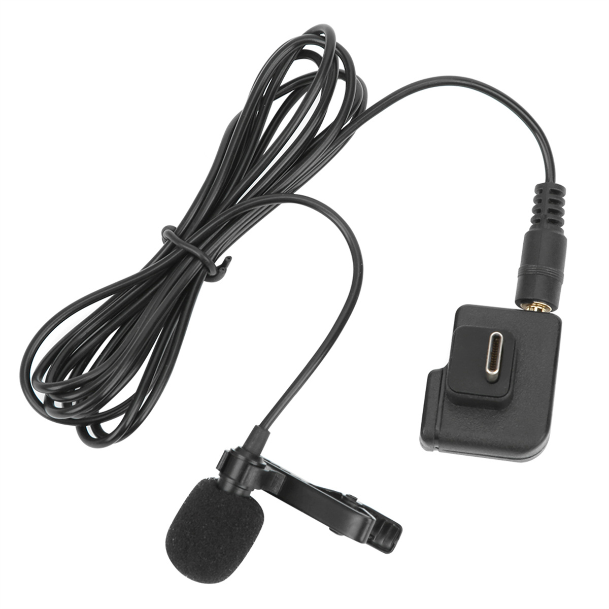 Ein schwarzes Lavalier-Mikrofon mit Clip und Anschlusskabel.