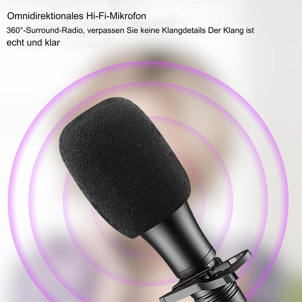 Schwarzes Mikrofon mit Schaumstoffabdeckung, umgeben von lila kreisförmigen Wellenillustrationen. Text: 'Hi-Fi'.