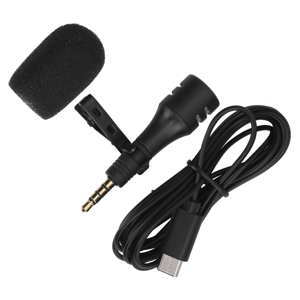 Ein schwarzes Mikrofon mit Schaumstoffabdeckung, Clip und Kabel mit USB-C-Anschluss.