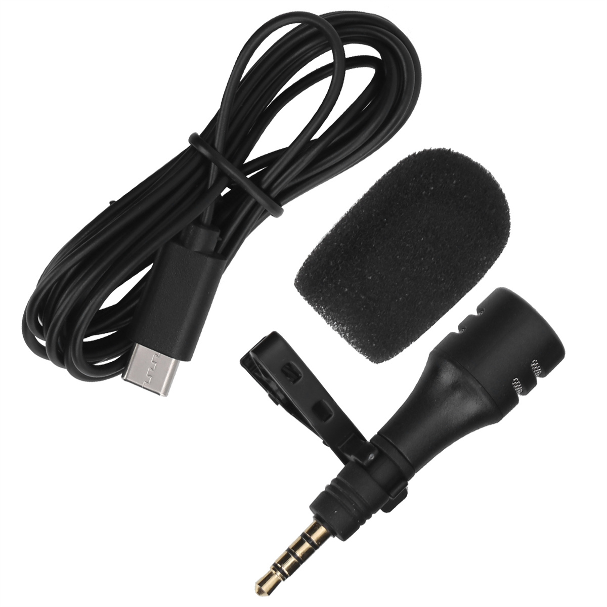 Kleines schwarzes Mikrofon mit Kabel und Schaumstoffabdeckung.