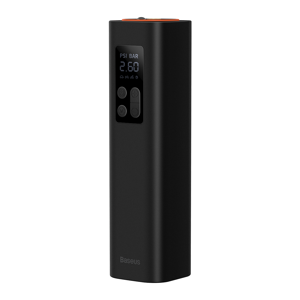 Czarna przenośna pompka powietrza z pomarańczową górą i wyświetlaczem cyfrowym, marka Baseus.