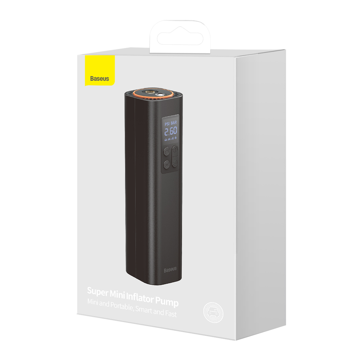 Czarna mini pompka do pompowania w białym pudełku. Pudełko zawiera nazwę marki i informacje o produkcie.