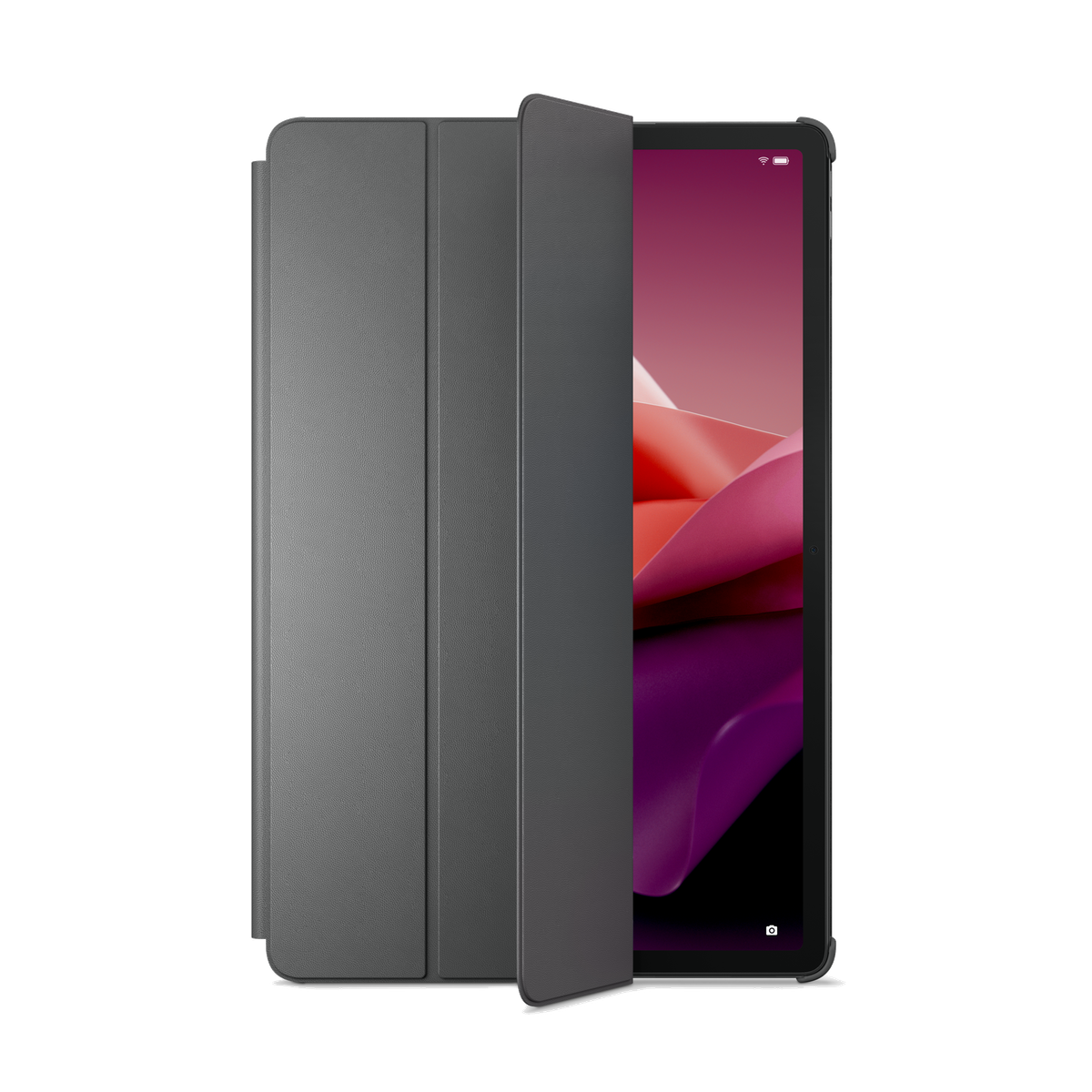 Ein Tablet mit grauem Cover, teilweise geöffnet, zeigt einen pinken und roten Bildschirm.