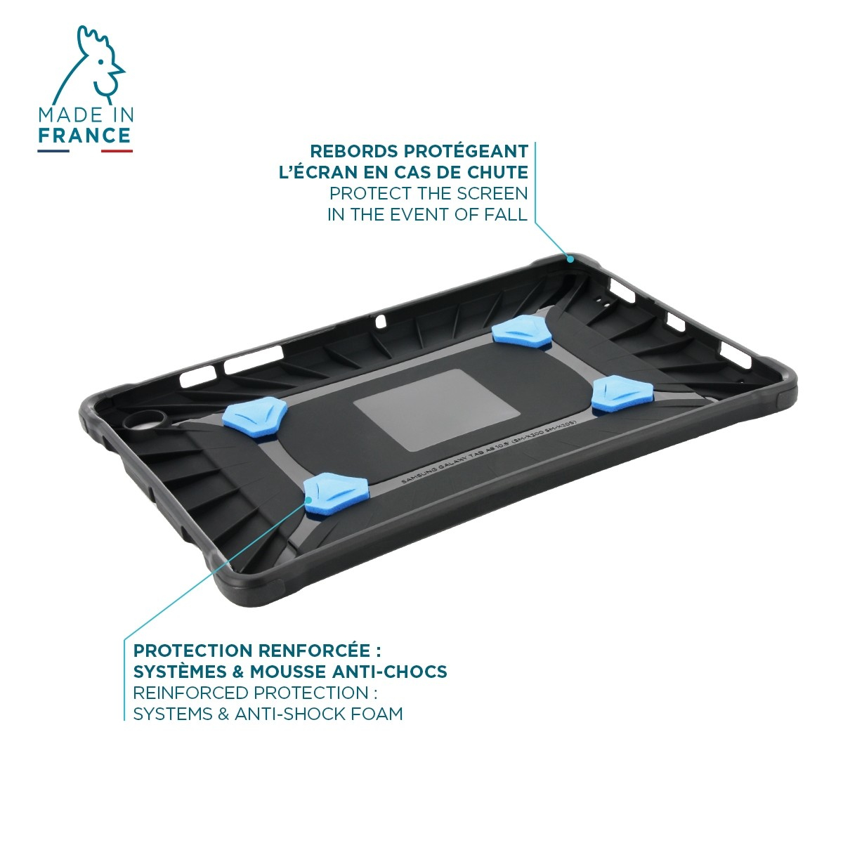 Funda de tableta negra con detalles azules, texto en francés.