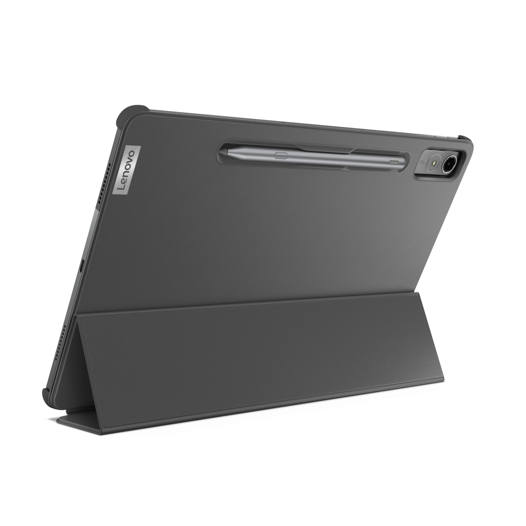 Ein Lenovo Tablet in einem dunkelgrauen Gehäuse mit einem Stift.