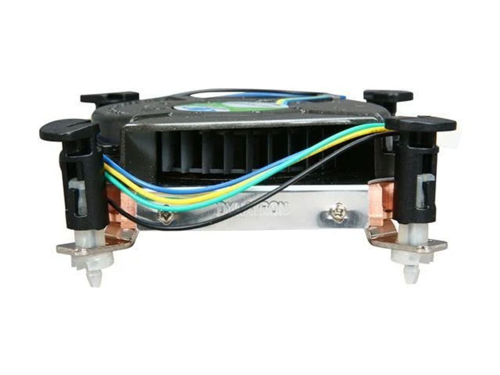 Chłodnica procesora z czarnym wentylatorem i radiatorem. Chłodnica ma miedziane rurki i klipsy montażowe.