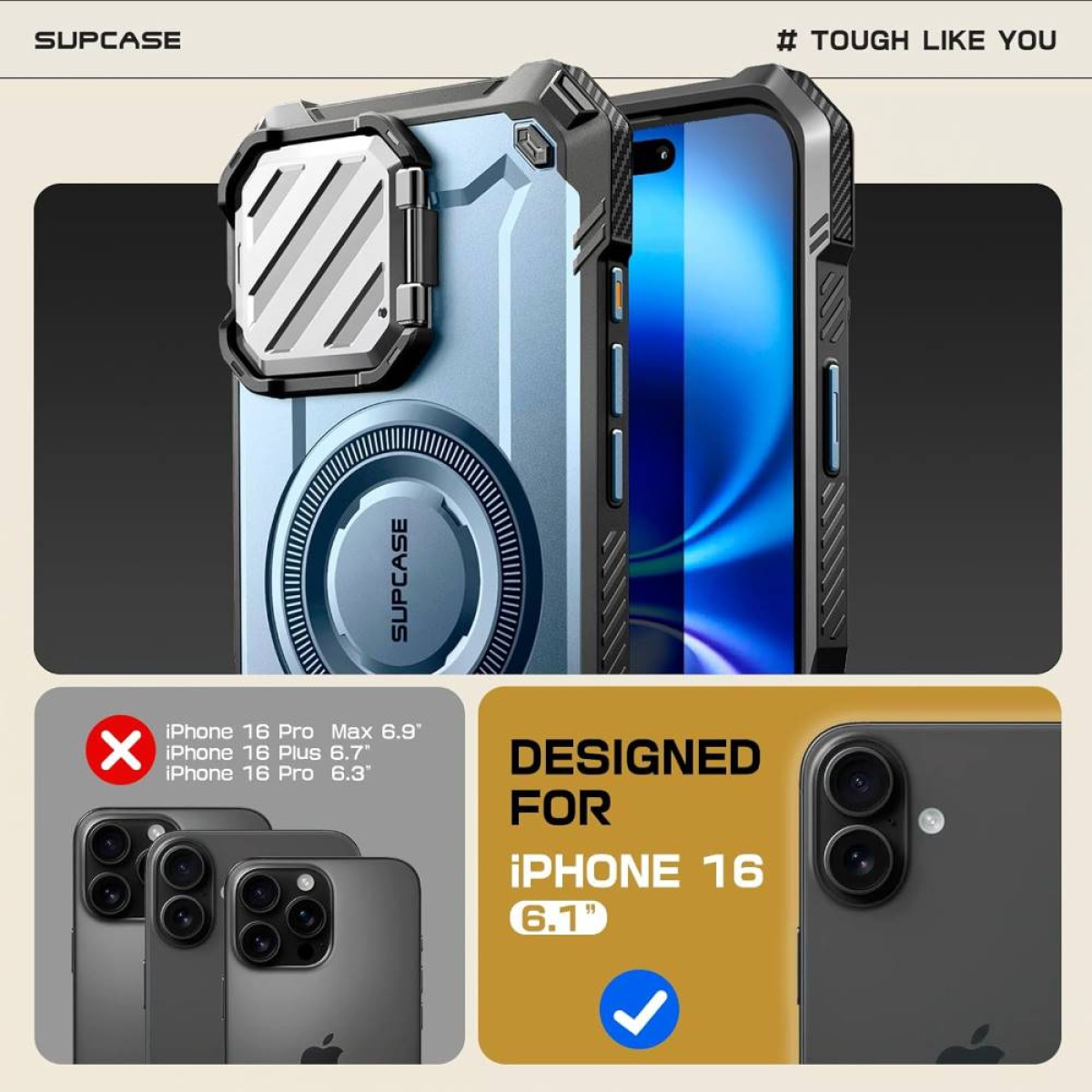 Eine Handyhülle mit dem Text „Entworfen für iPhone 16“. Unten sind drei Telefone abgebildet.