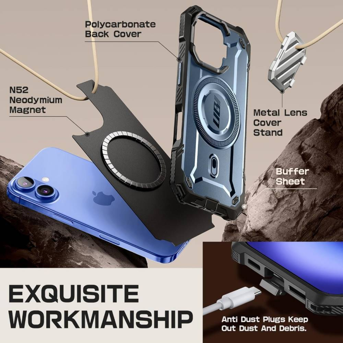 Telefon, Hülle und Zubehör, zeigt ein blaues Telefon und Metall-Objektivständer.