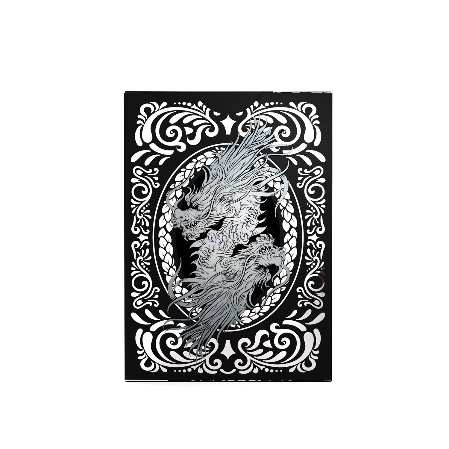 Schwarzes Metalldesign mit Drachen. Zwei Drachen in einem dekorativen Rahmen mit verschnörkelten Verzierungen.