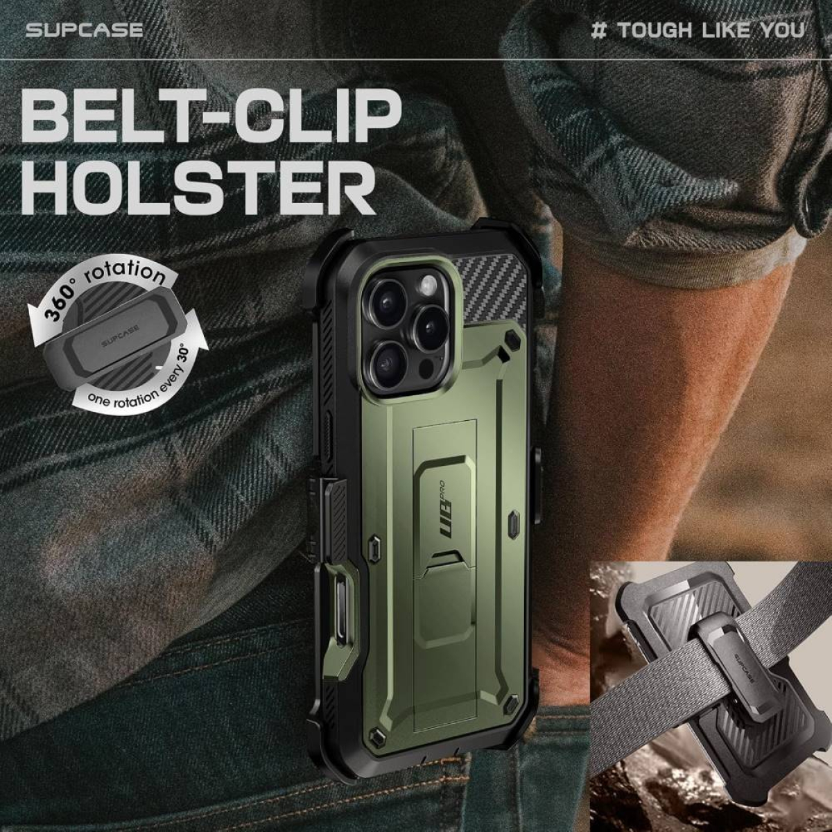 Ein Telefon in einer robusten grünen Hülle, befestigt an einem Gürtelclip.