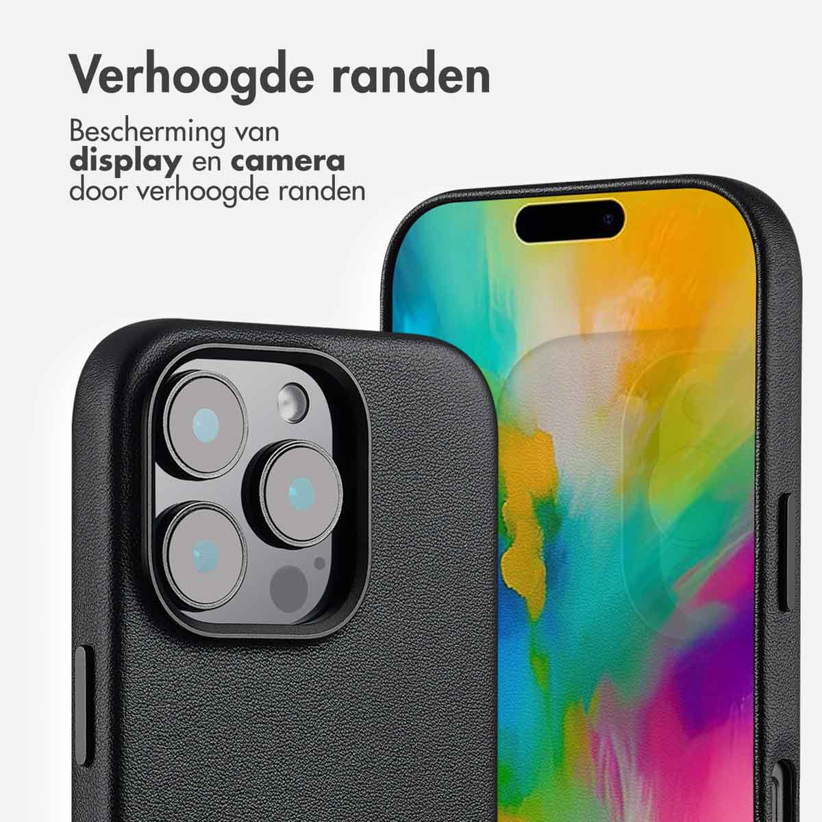 Zwarte telefoonhoes met verhoogde randen, beschermt scherm en camera.