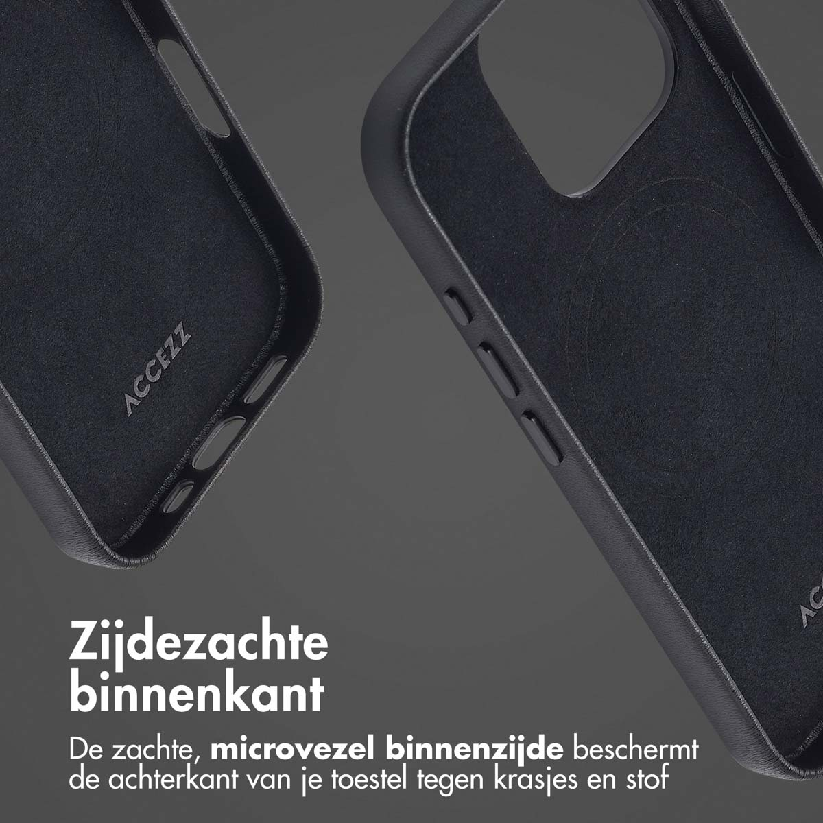 Twee zwarte telefoonhoesjes met een zachte binnenvoering en het merk ACCEZZ.