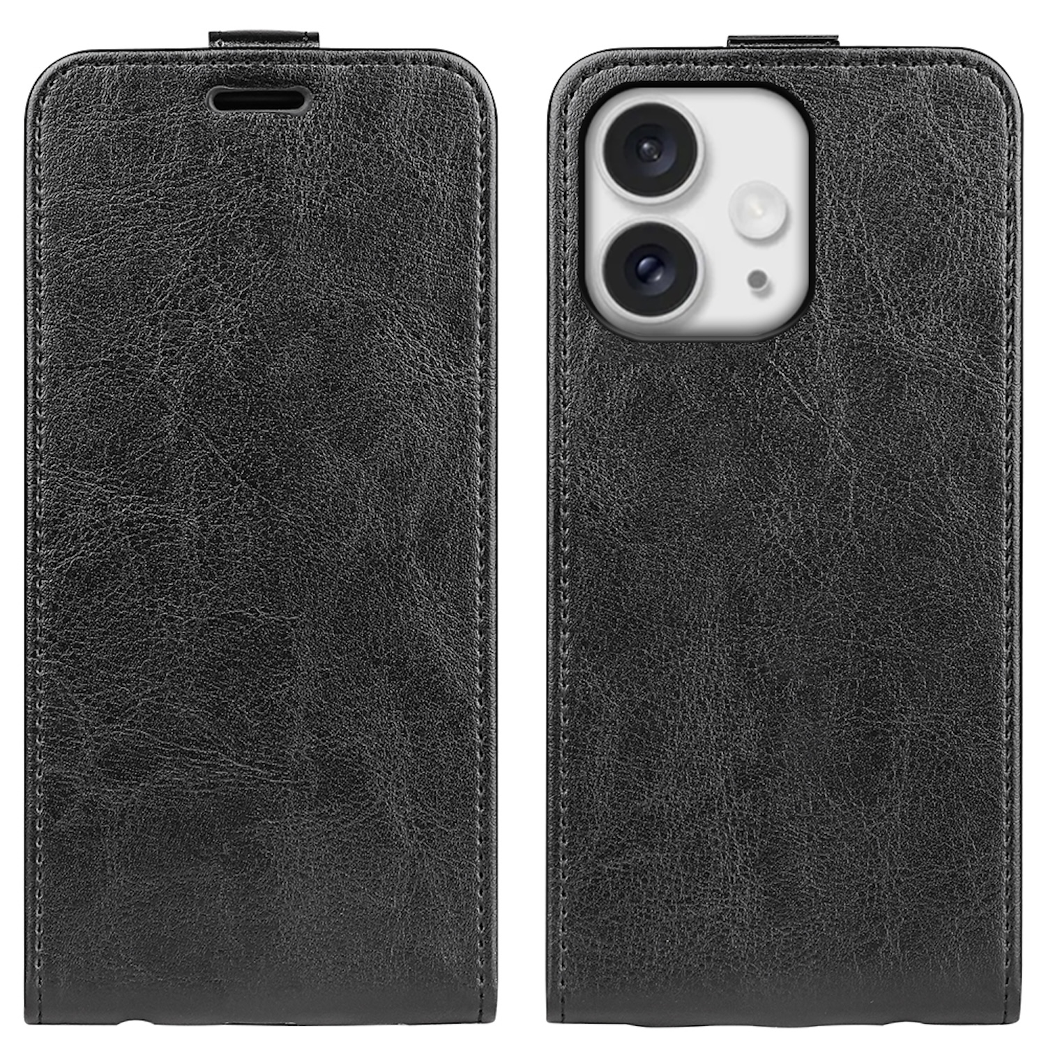 Funda de cuero negra con dos vistas, cerrada y abierta, mostrando la cámara del teléfono.