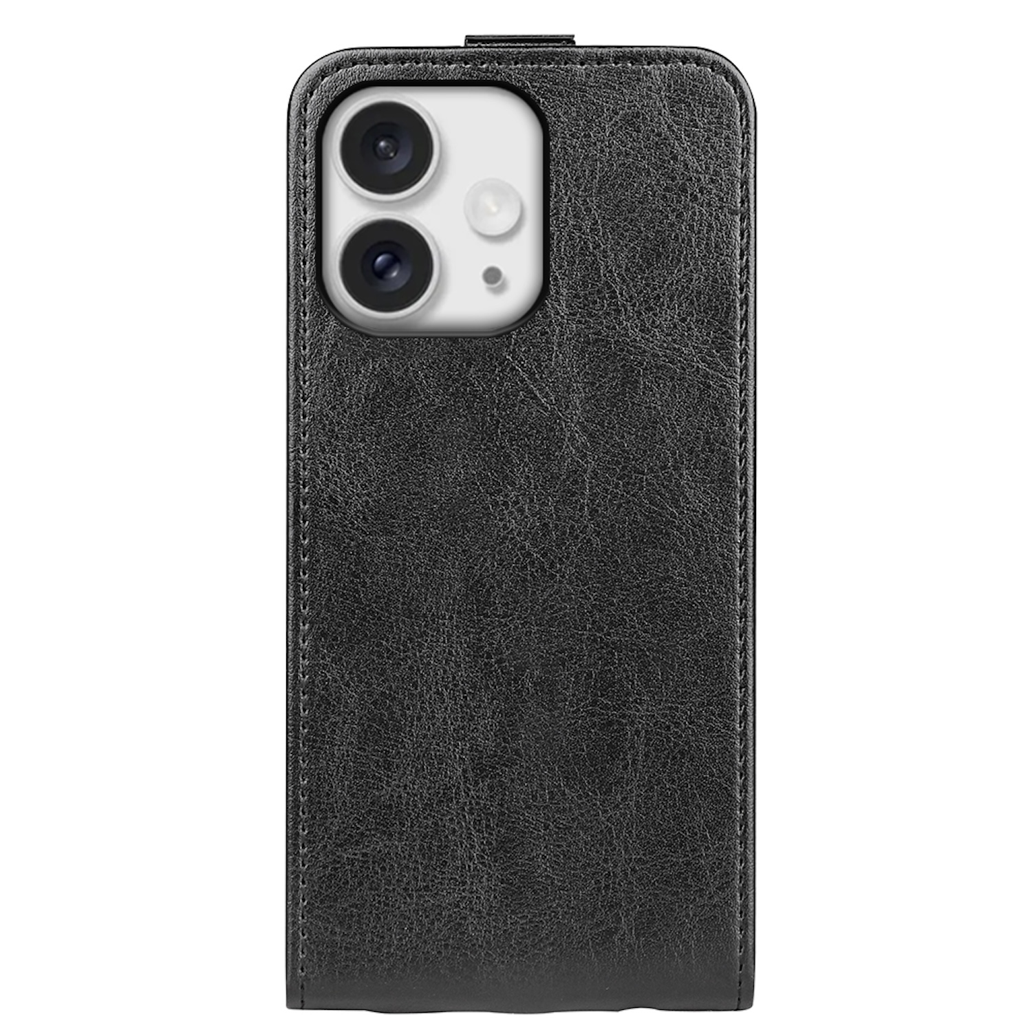Funda negra para teléfono con recortes para cámara doble. La funda está sobre fondo blanco.