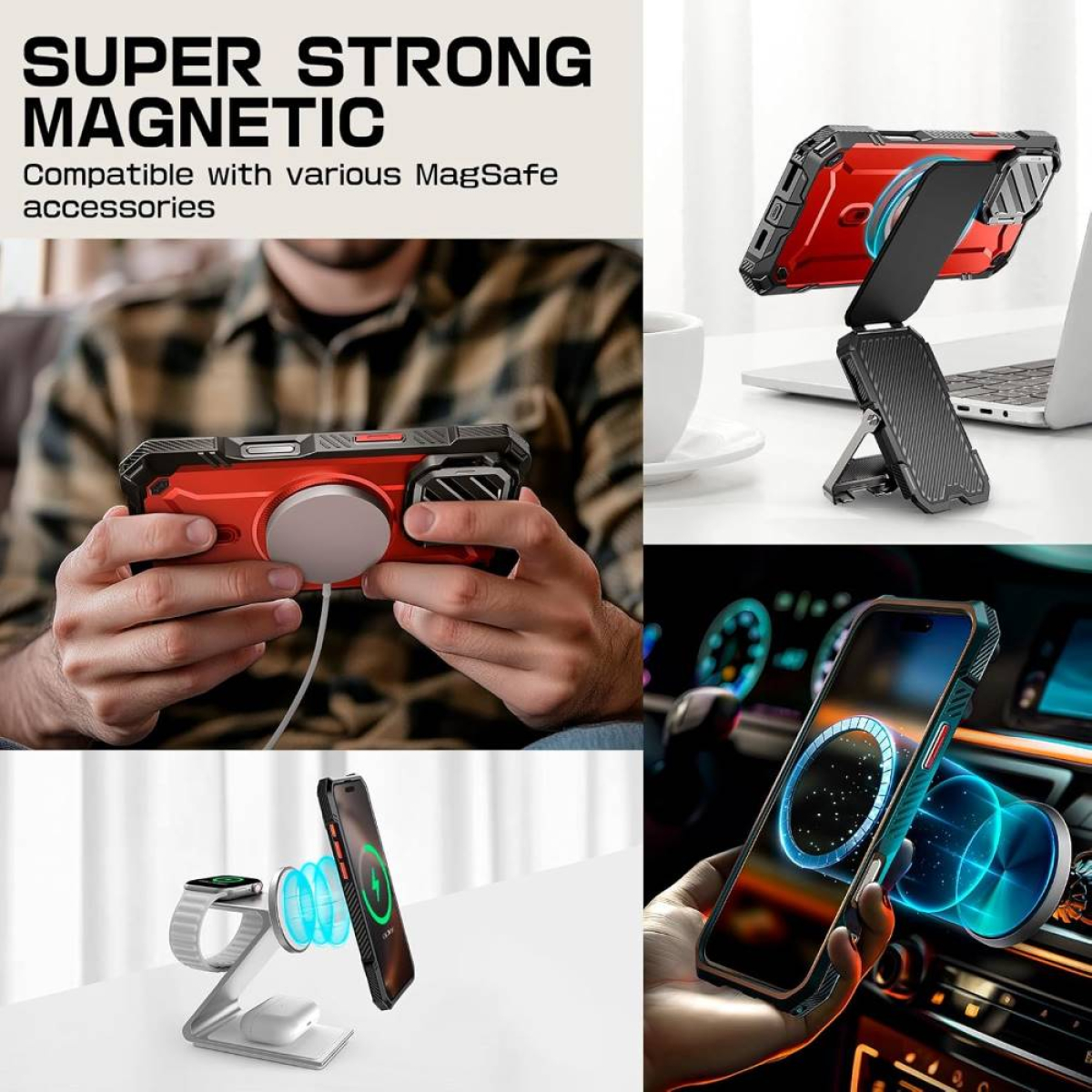 Handyhüllen mit magnetischen Ladefunktionen, verschiedene Telefone, Zubehör für Uhr und Autohalterung.