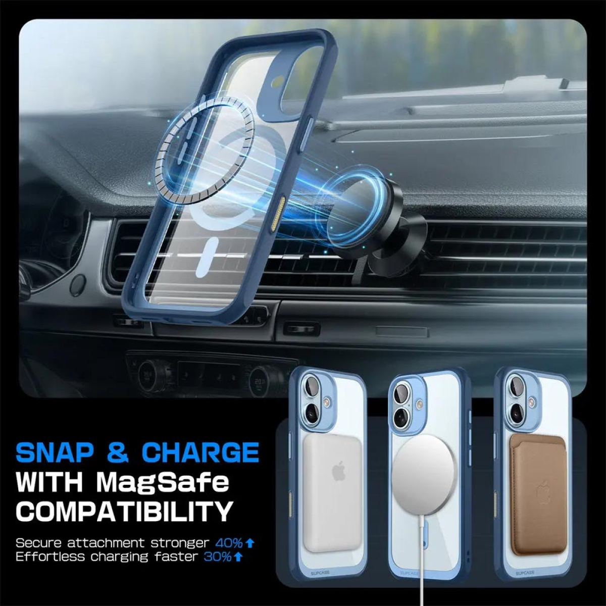 Eine blaue Handyhülle mit iPhone und Ladezubehör, dargestellt auf einem Armaturenbrett.