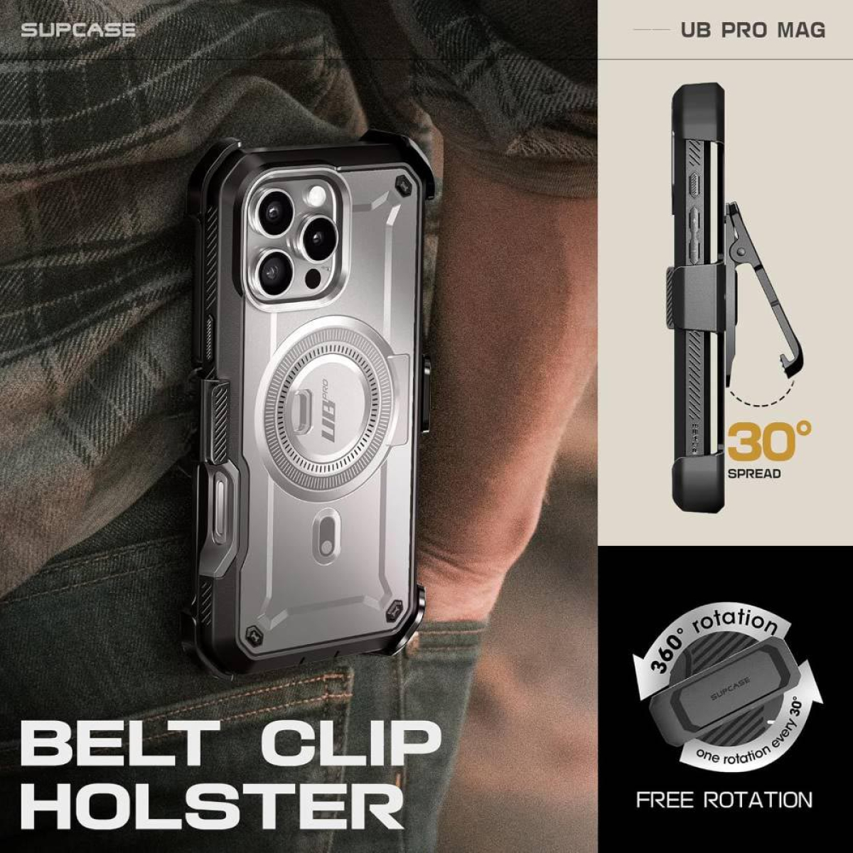 Handyhülle mit Gürtelclip-Holster, mit 360-Grad-Drehfunktion.
