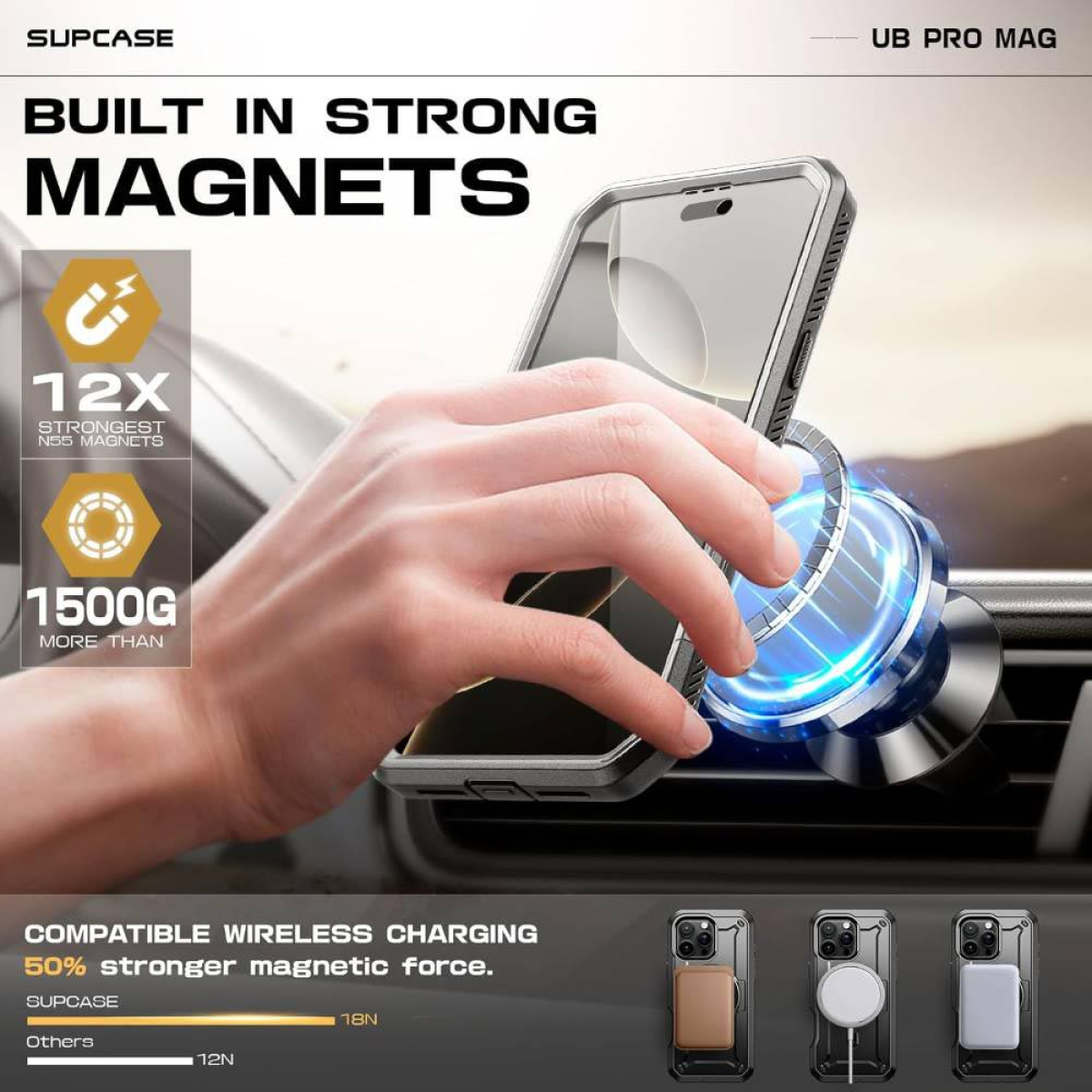 Bild eines Telefons auf einer magnetischen Autohalterung, Text über starke Magnete und kabelloses Laden.