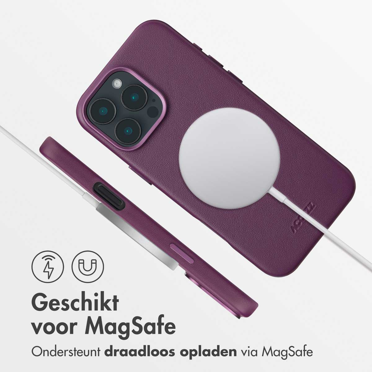 Een paarse telefoonhoes met een witte MagSafe-oplader en een kabel, tekst zegt voor MagSafe.