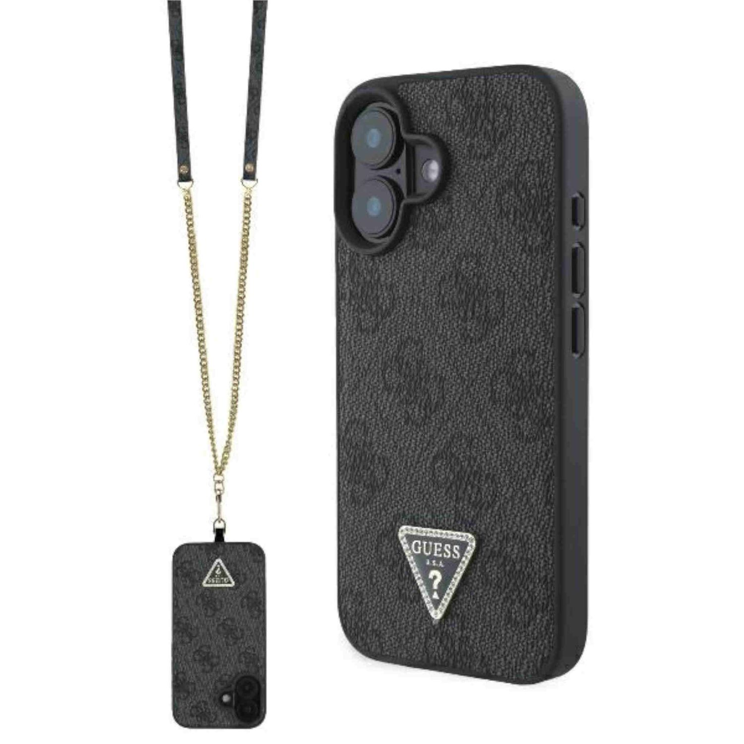 Una custodia per telefono nera con logo Guess e un cordino con custodia per telefono attaccata.