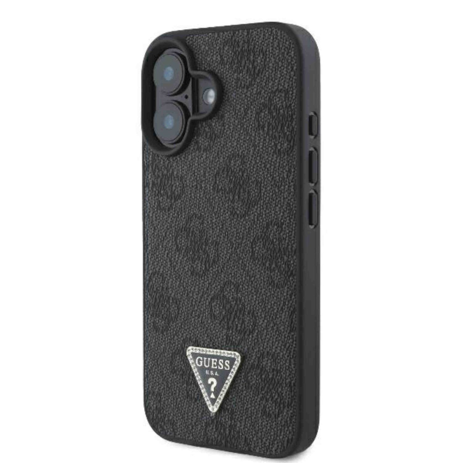 Custodia nera con logo Guess. Ha una fotocamera e un logo Guess. Texture nera.