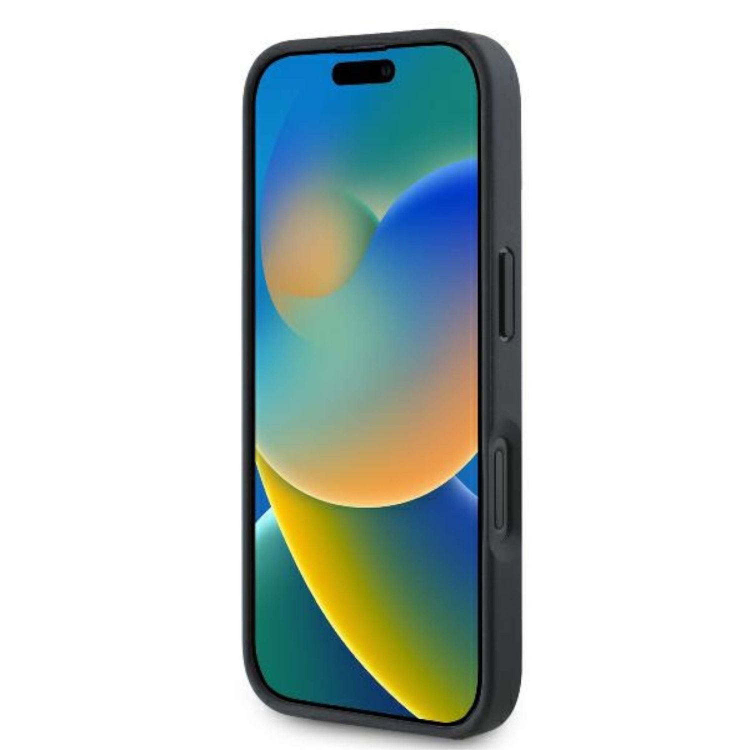 Un telefono nero con custodia è mostrato. Il telefono mostra uno sfondo colorato. La custodia è nera.