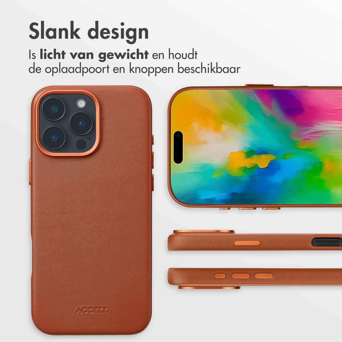 Bruine telefoonhoes met gouden accenten en een telefoonscherm. Tekst: Slank design.