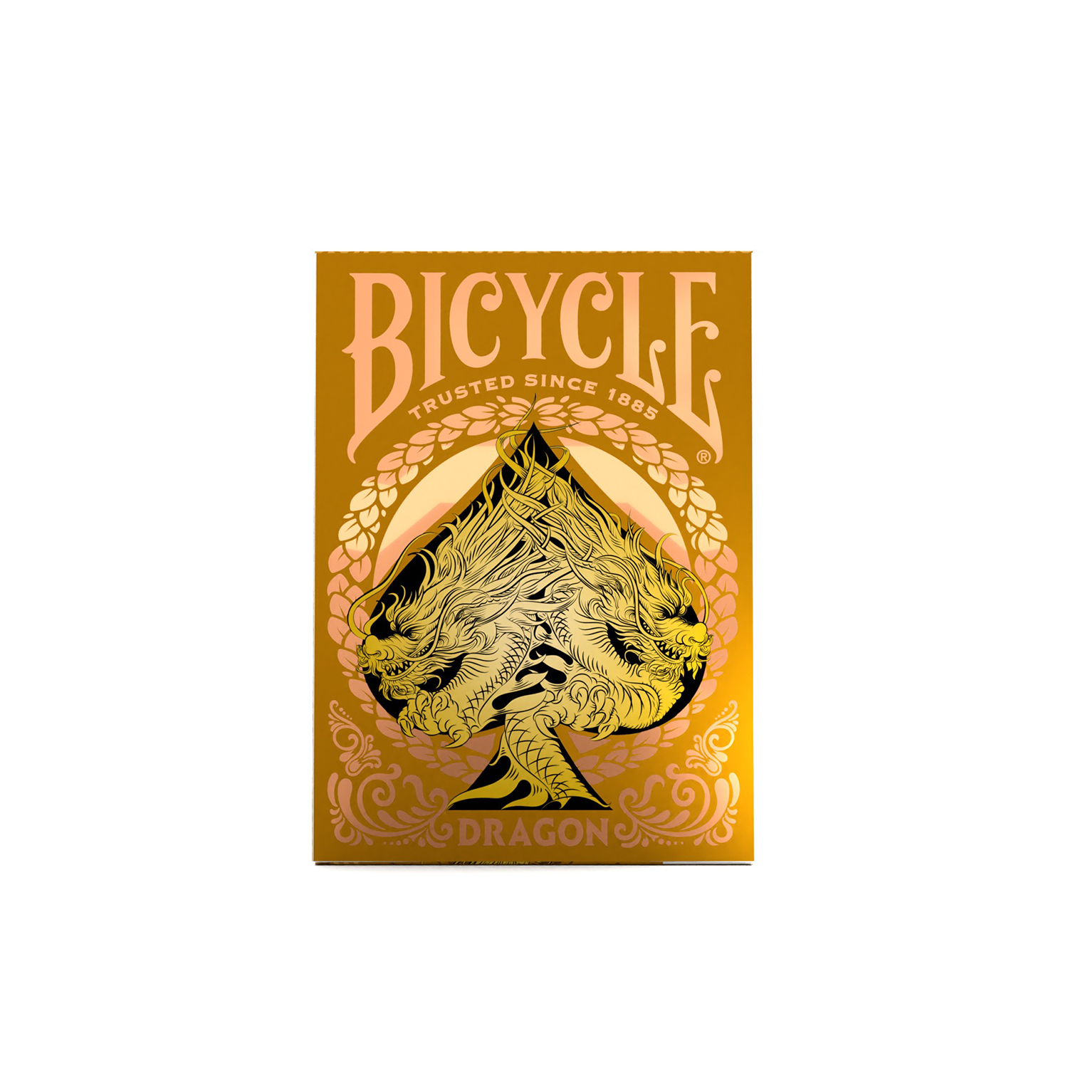 Goldene Bicycle Dragon Spielkartenbox. Text: Bicycle, vertraut seit 1885, Drachendesign.