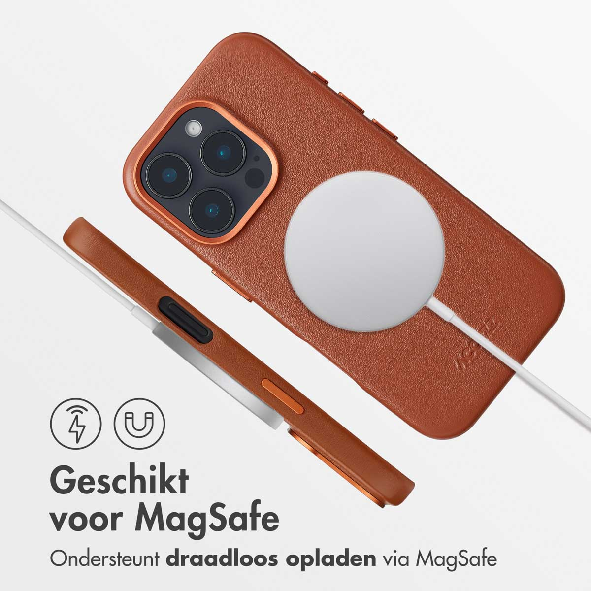 Un étui de téléphone marron avec un chargeur sans fil attaché.