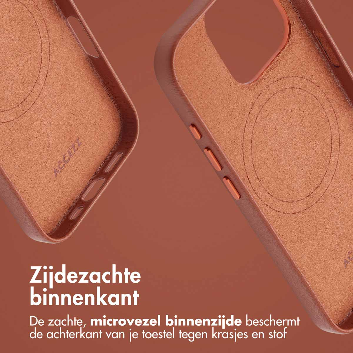 Gros plan de l'intérieur d'une coque de téléphone avec une doublure en microfibre douce. La doublure est marron.