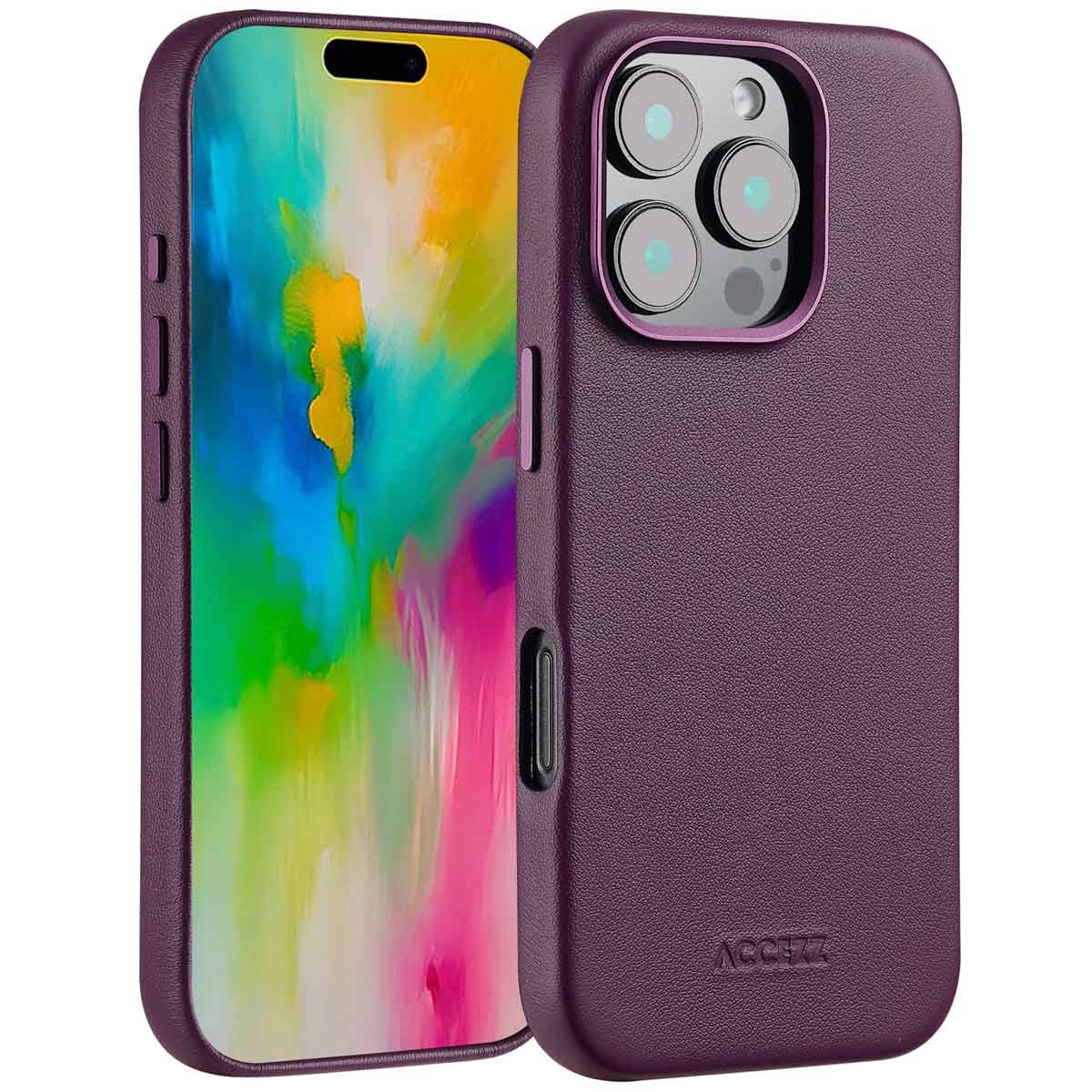 Coque de téléphone violette avec téléphone dedans. Dos texturé, découpes caméra. Écran affiche image colorée.