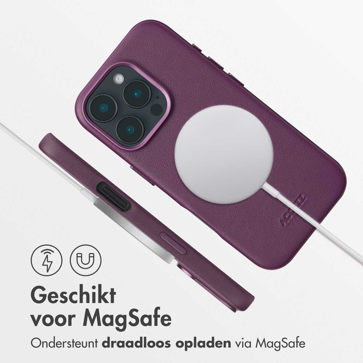 Coque de téléphone violette avec chargeur MagSafe. Texte : Convient pour MagSafe, prend en charge la recharge sans fil via MagSafe.