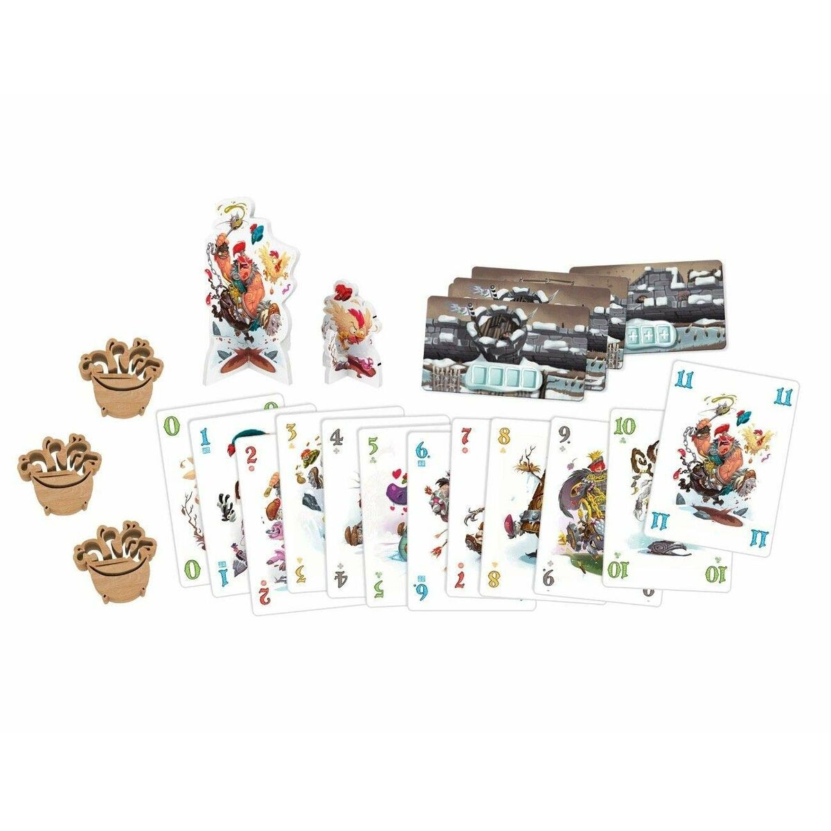 Brettspielkomponenten, einschließlich Karten mit Illustrationen und Holzfiguren.