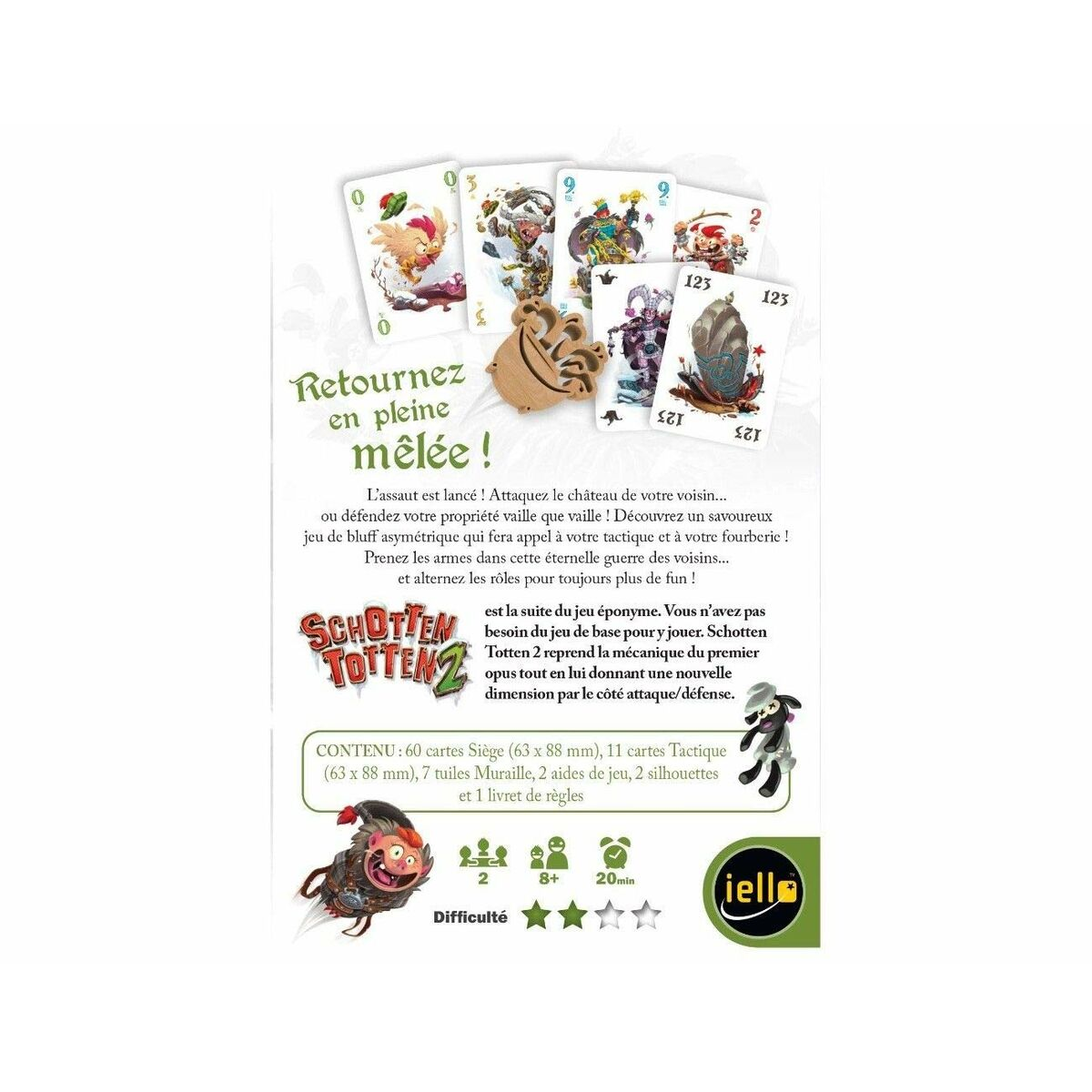 Kartenspielschachtel. Karten mit Illustrationen und Text und ein Holzmarker. Spieltitel unten.