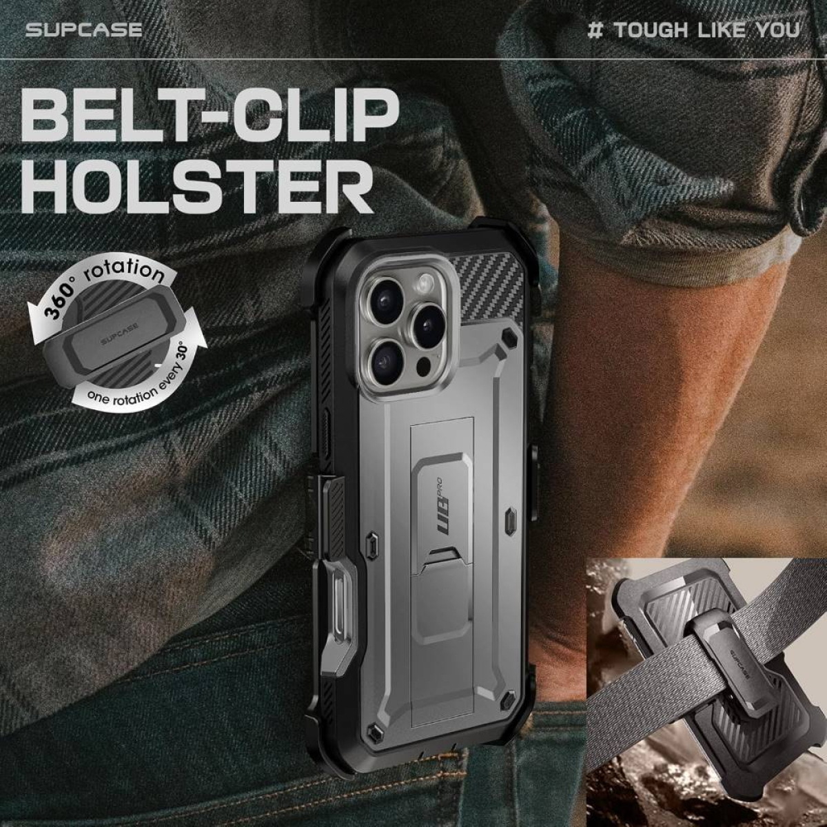 Schwarze Handyhülle in einem Gürtelclip-Holster. Die Hülle ist an einem Gürtel befestigt.