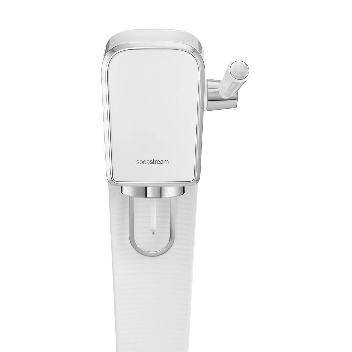 Weiße SodaStream-Maschine mit Chromgriff und transparentem Sockel.