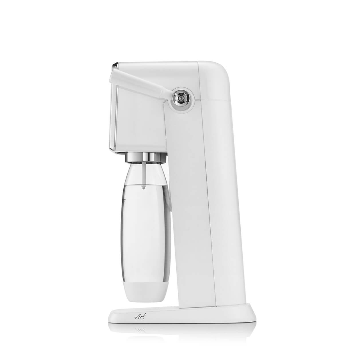 Weiße SodaStream-Maschine. Sie hat eine transparente Flasche und einen weißen Sockel.