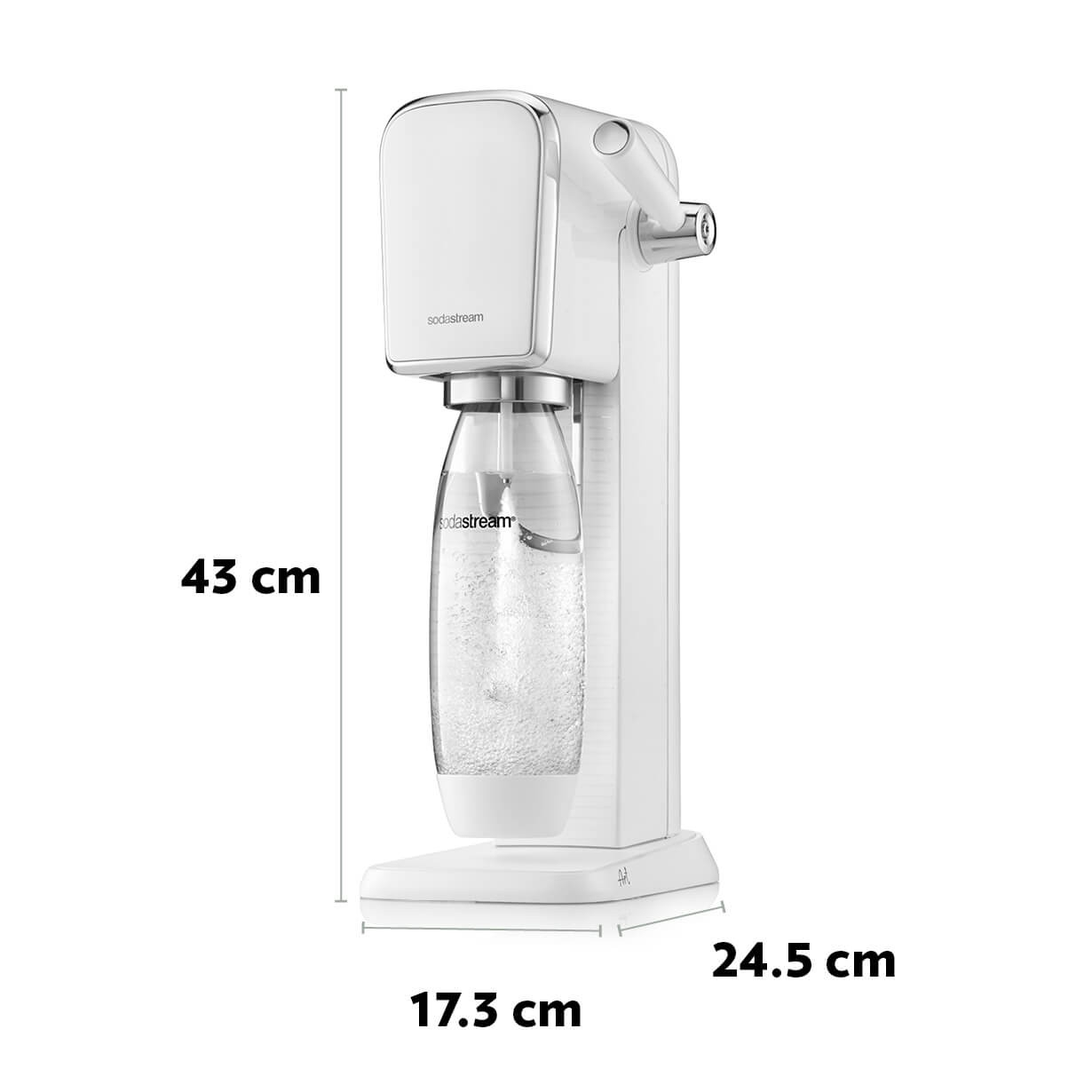 Weißer SodaStream mit Abmessungen. Eine durchsichtige Wasserflasche befindet sich darin.