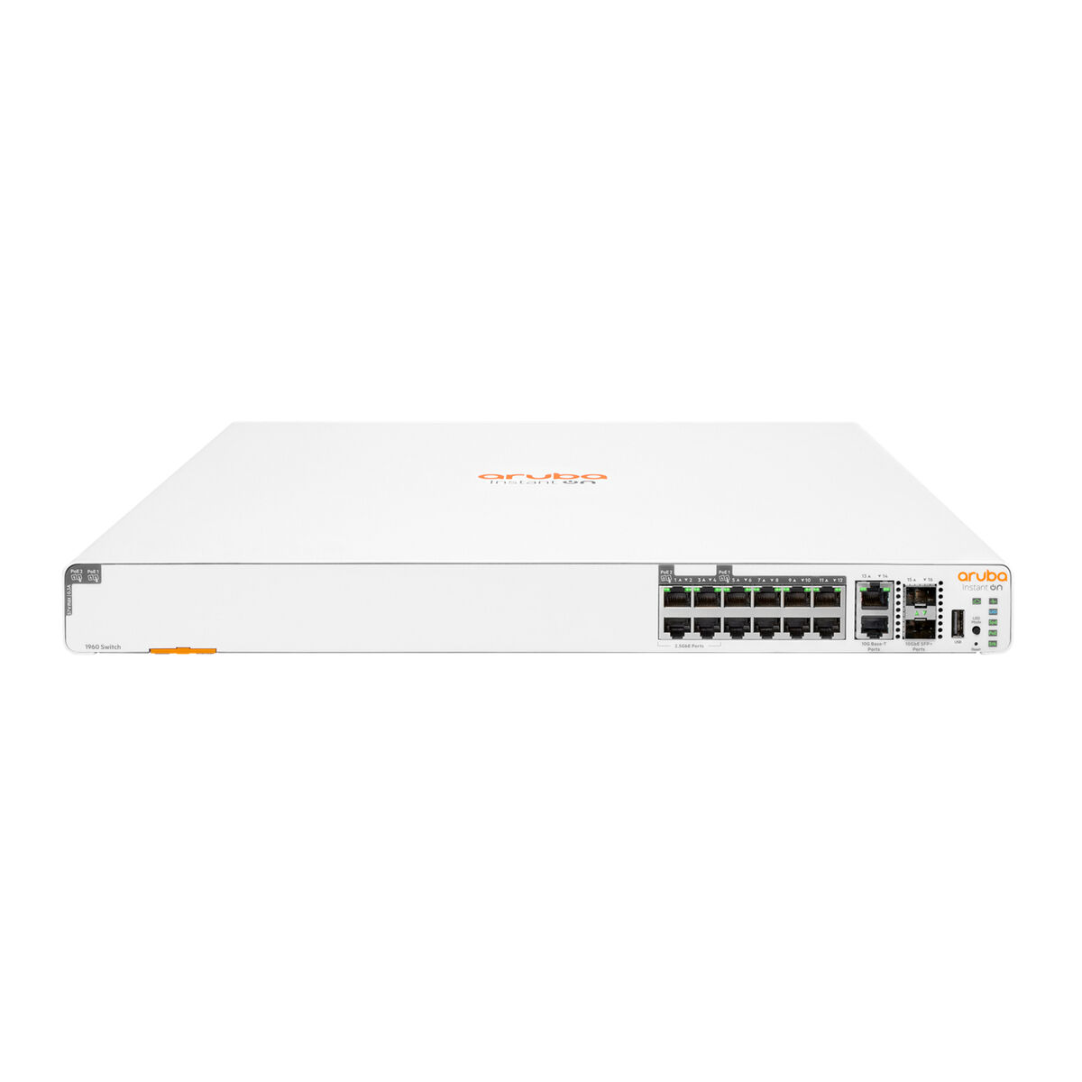 Un switch de red Aruba blanco con puertos y conectores en la parte frontal. El texto naranja dice 'aruba'.