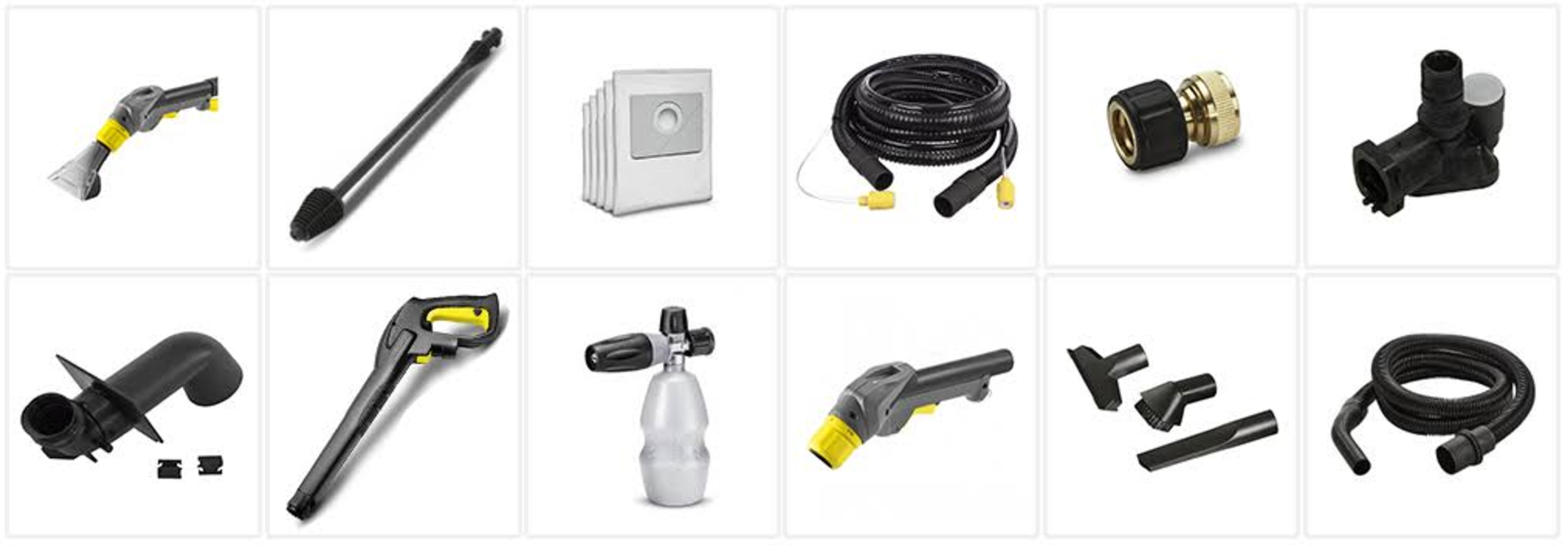 Surtido de accesorios de limpieza. Varios artículos como pulverizadores, boquillas y mangueras son visibles.