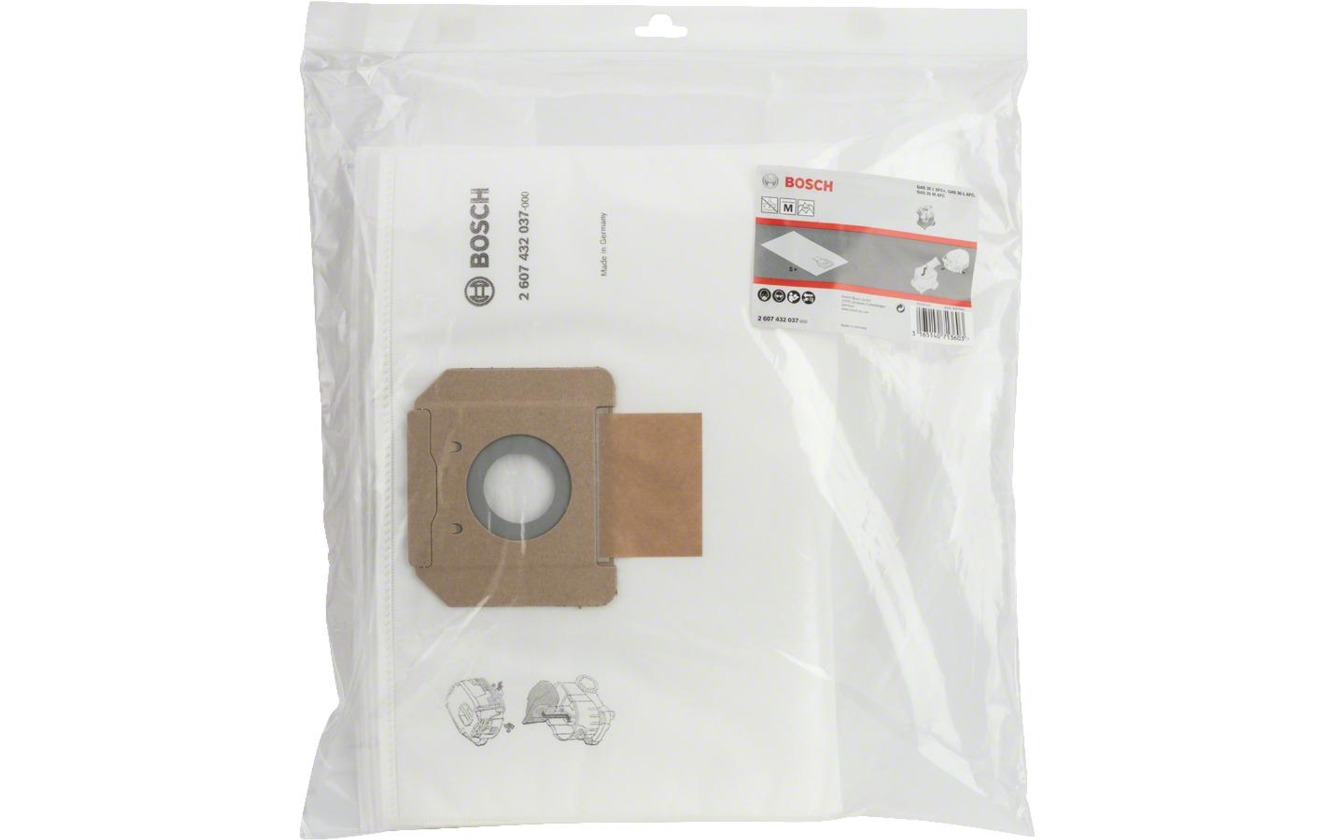 Una bolsa transparente con bolsas de aspiradora Bosch dentro.