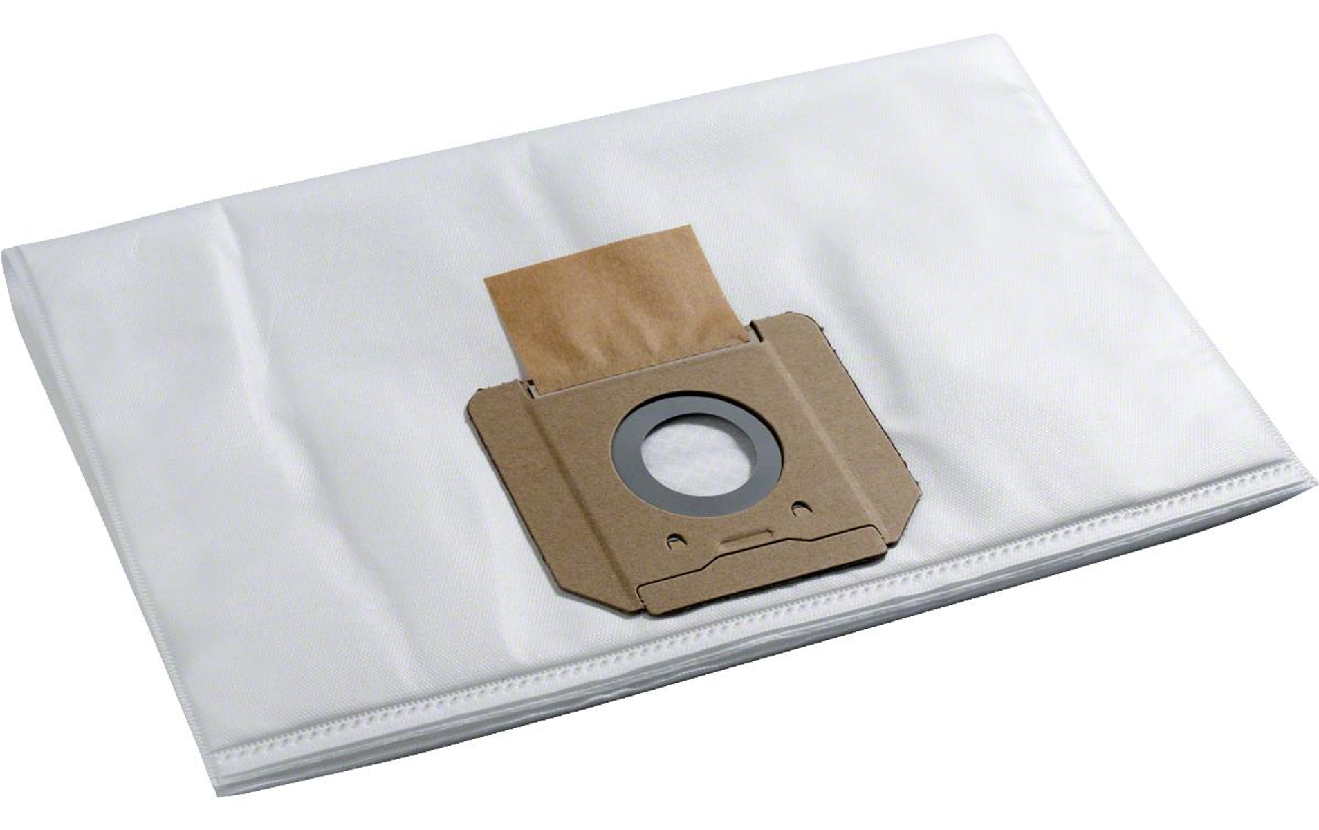 Bolsa de polvo blanca para aspiradora con una abertura de cartón marrón. La bolsa es rectangular.